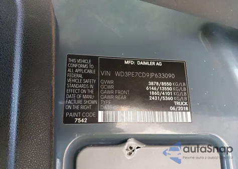 2018 Mercedes-Benz Sprinter 2500 Standard Roof V6 из США, поврежденный, VIN WD3PE7CD9JP633090